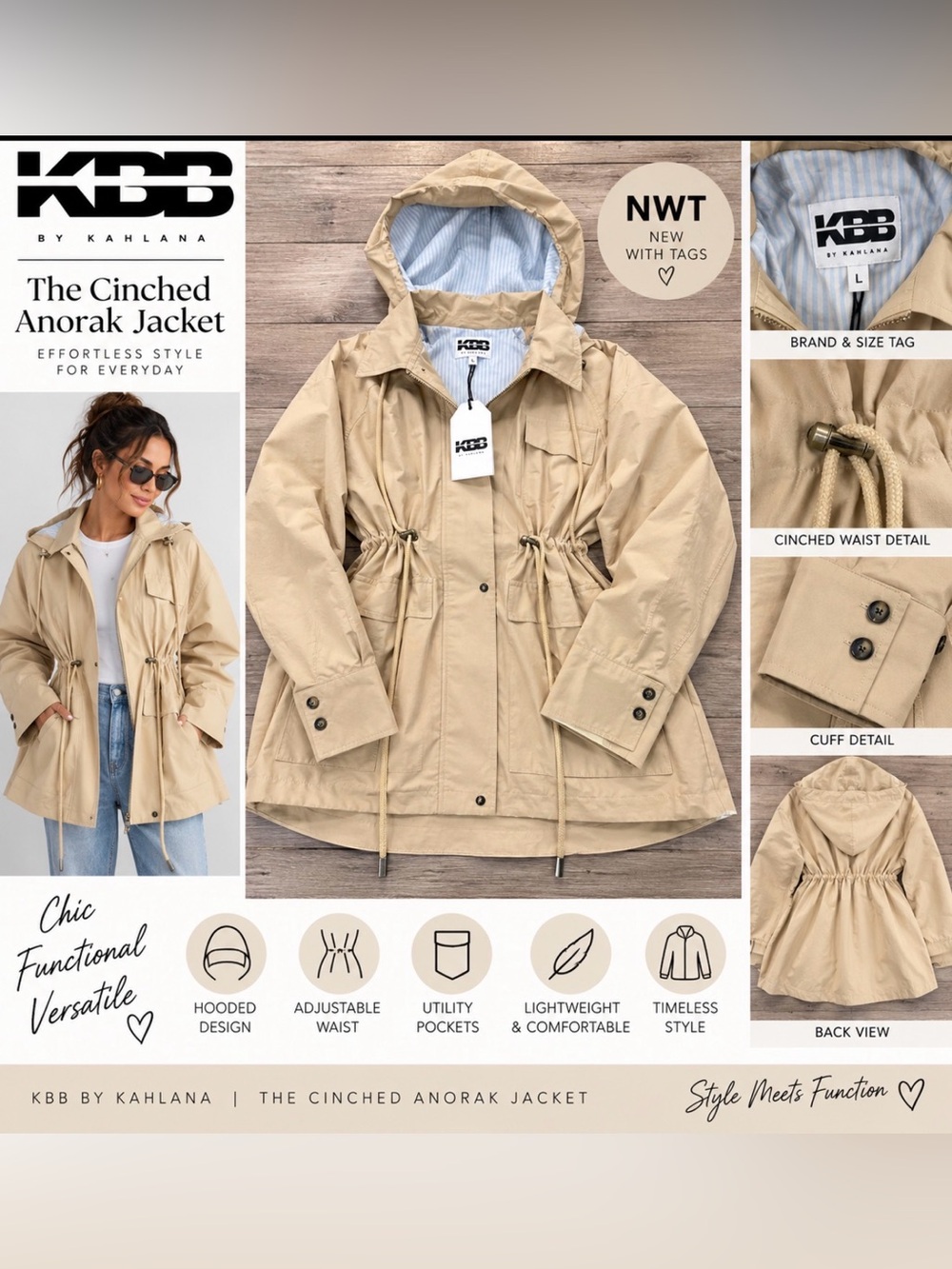 KBB by Kahlana The Cinched Anorak Jacket Tan Size Large NWT